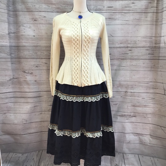 Vintage Dresses & Skirts - Vintage Prairie Skirt Tiered Black Eyelet Pocket 8